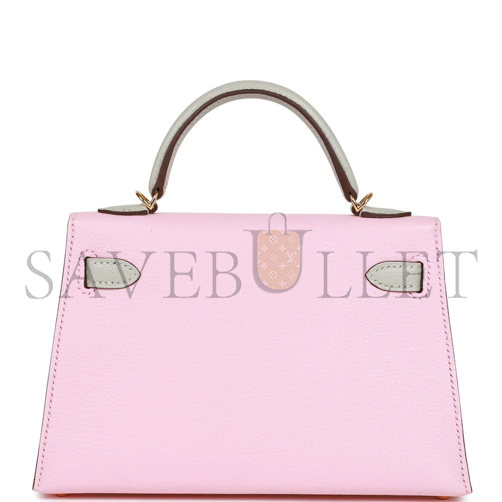 HERMÈS MASTER MINI KELLY II ROSE SAKURA AND GRIS PERLE CHEVRE GOLD HARDWARE (19*12*5.5cm) 